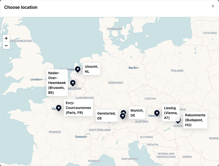 Location picker showing a pin for each prepared area on a map of Europe